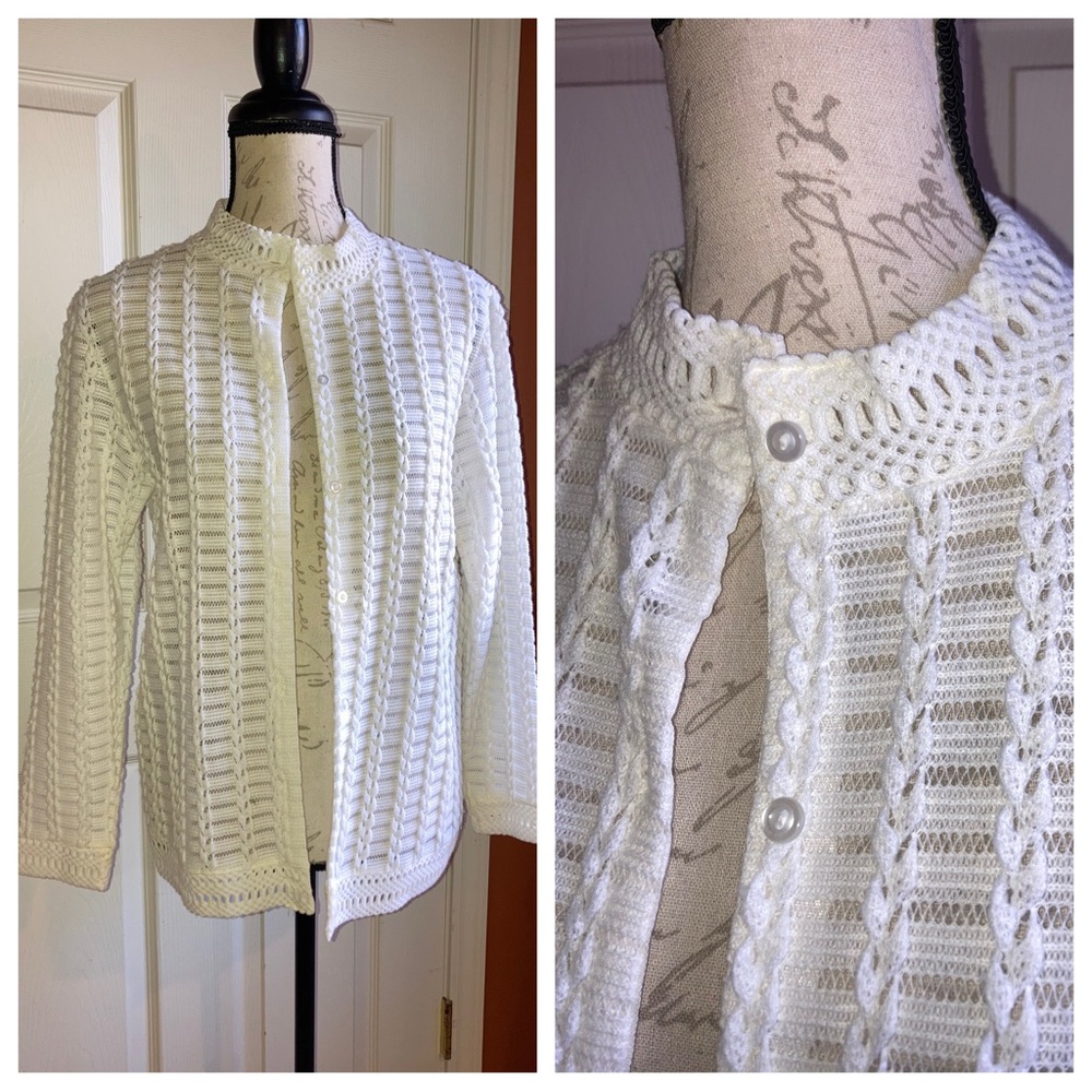 Vintage 70s Knit Button Down Cardigan Sweater By Montgomery Ward White